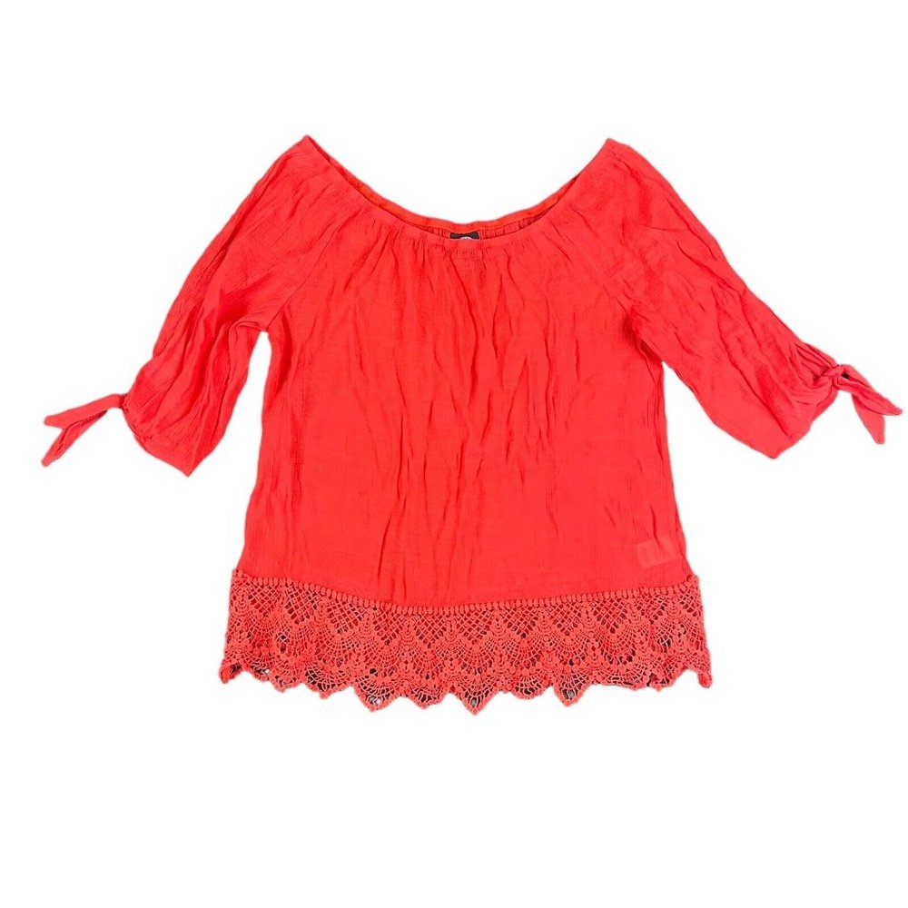 Bobeau Top Blouse Red Orange Off‎ The Shoulder Lace Hem Women's Size Medium